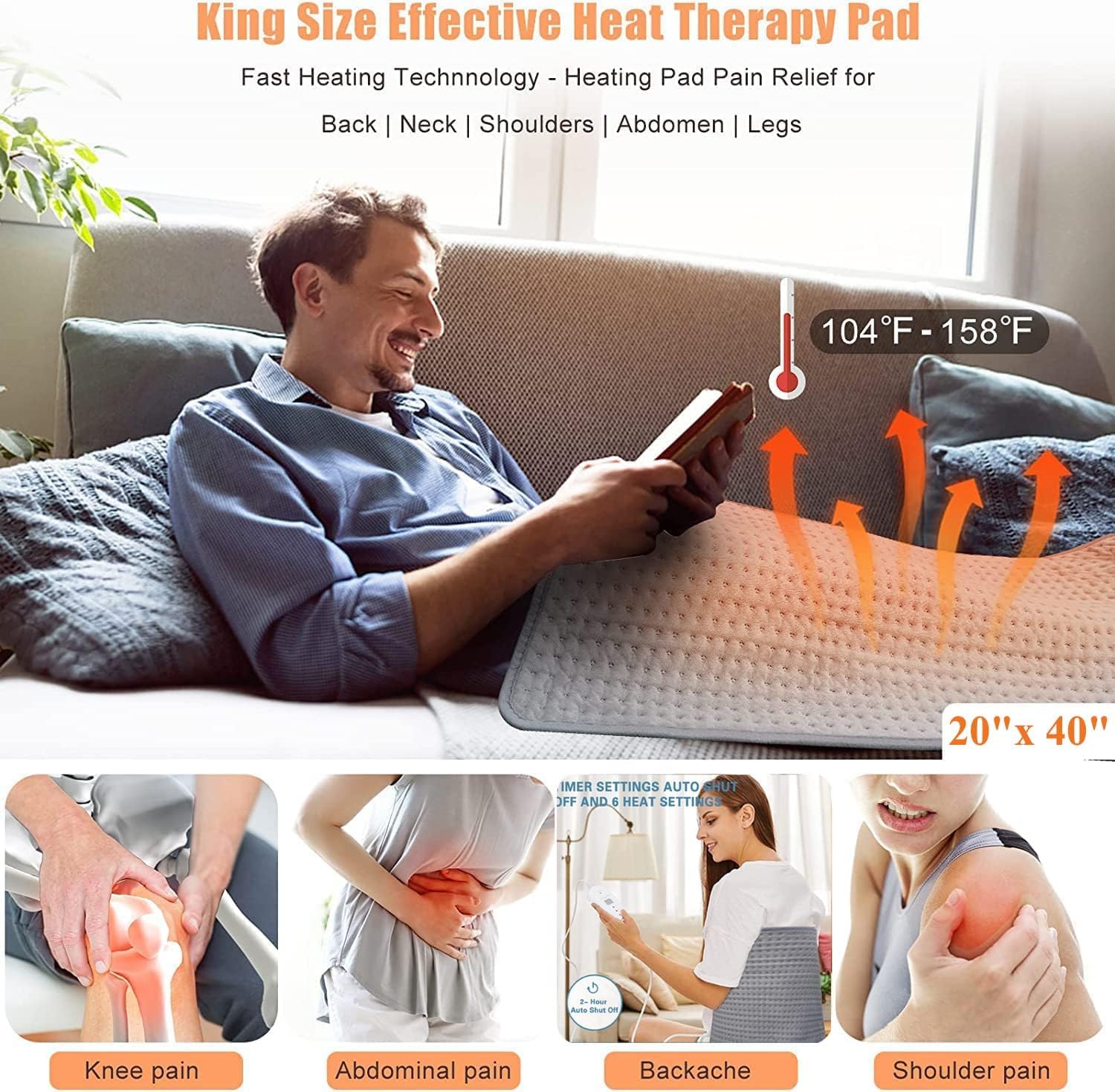 Heated Throw Blanket - 20"x40" Extra Large Heating Pad for Back Pain & Cramps Relief, 10 Heat Modes & 3 Timer