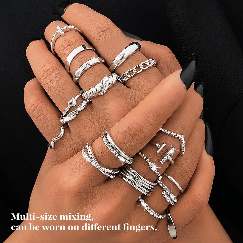 20Pcs Stackable Rings for Women, Gold Black Silver Knuckle Ring Set, Dainty Chunky Statement Rings for Daily Wear