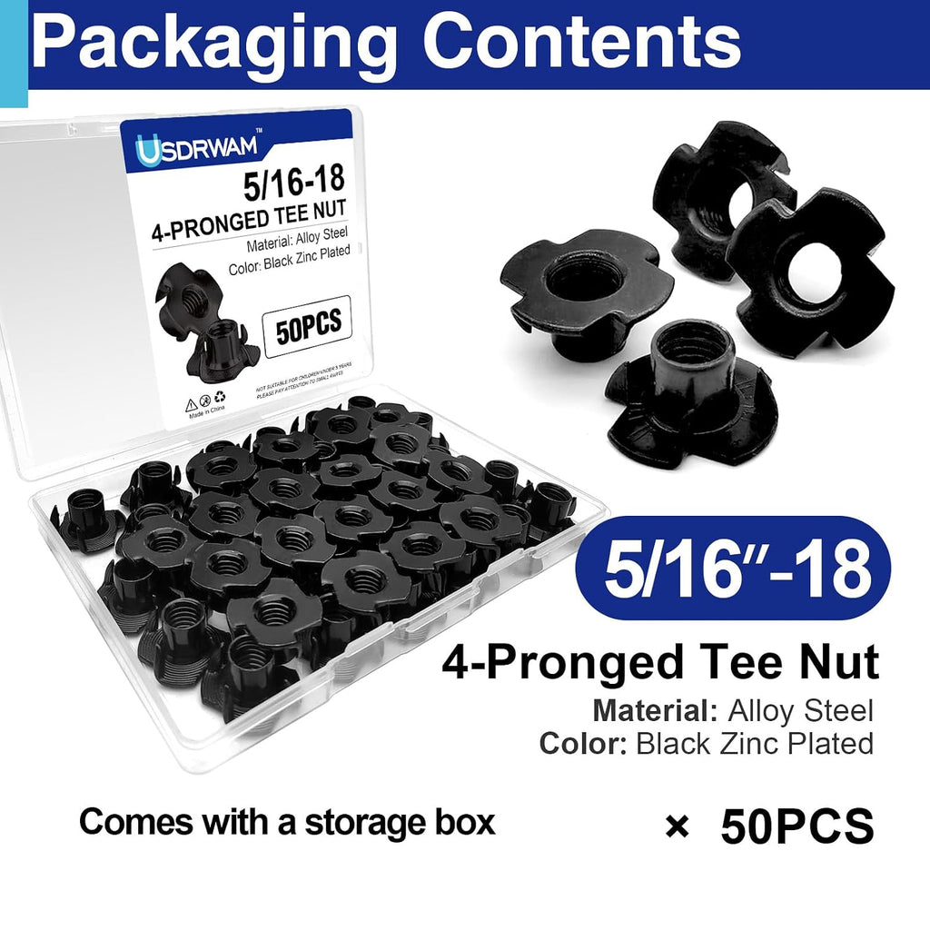 50PCS 5/16"-18 T Nuts for Wood, Carbon Steel 4-Prong Tee Nuts