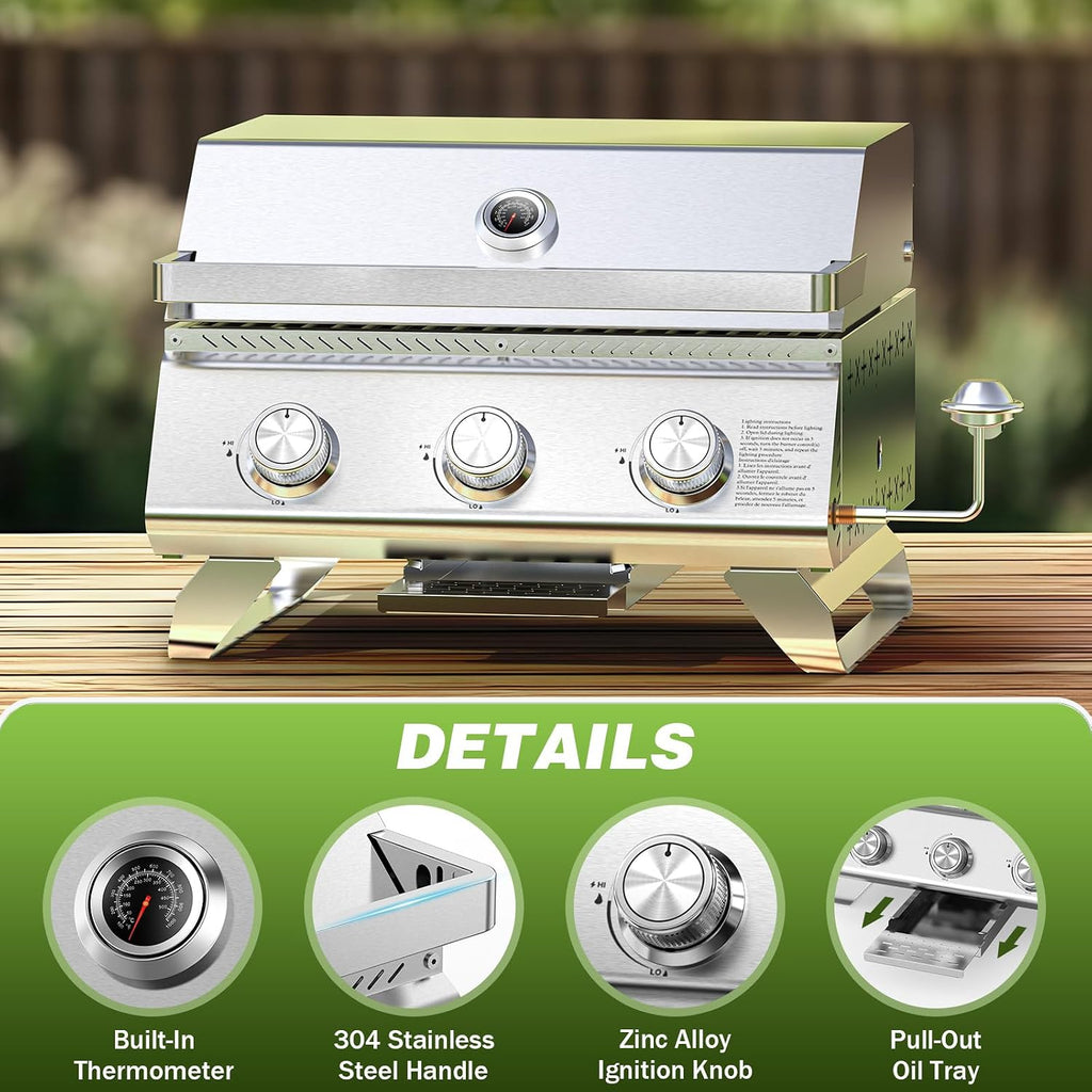 Portable 3-Burner Table Top Gas Grill with Griddle, Stainless Steel BBQ Propane Grill, Flat Top Grill with Lid for