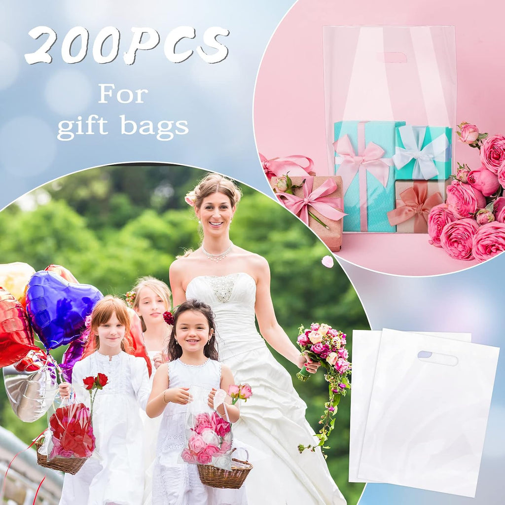 200 Pack 9" x 12" Clear Plastic Gift Bags with Die Cut Handle