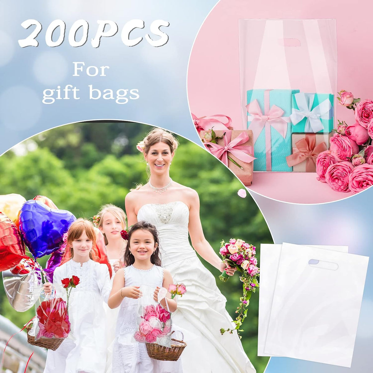 200 Pack 9" x 12" Clear Plastic Gift Bags with Die Cut Handle