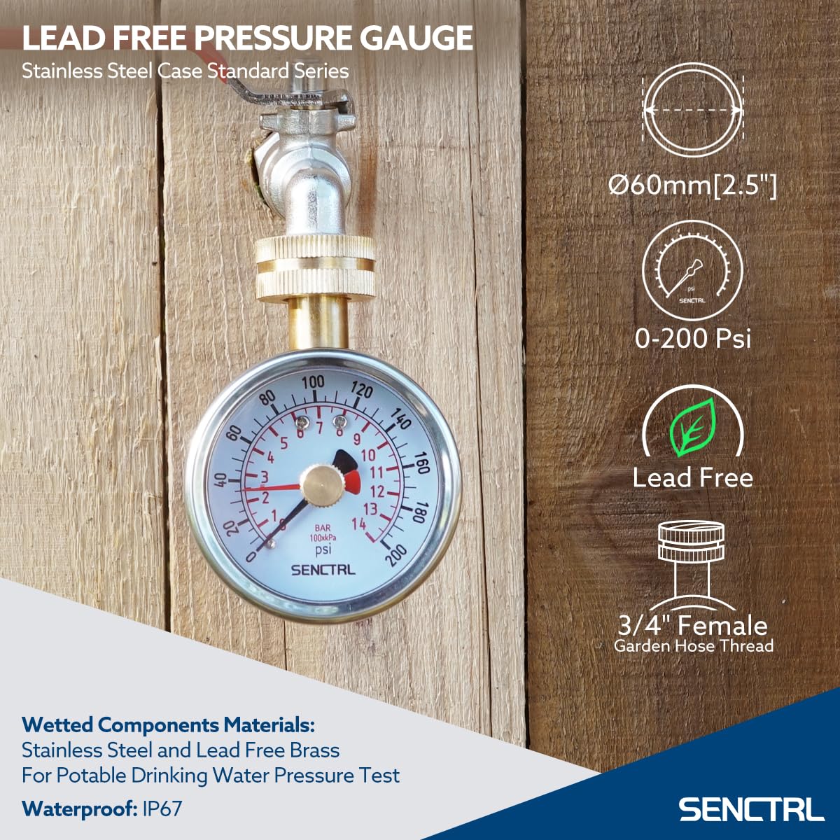 SENCTRL 0-200 Psi Lead-Free Water Pressure Gauge Test with Lazy Hand