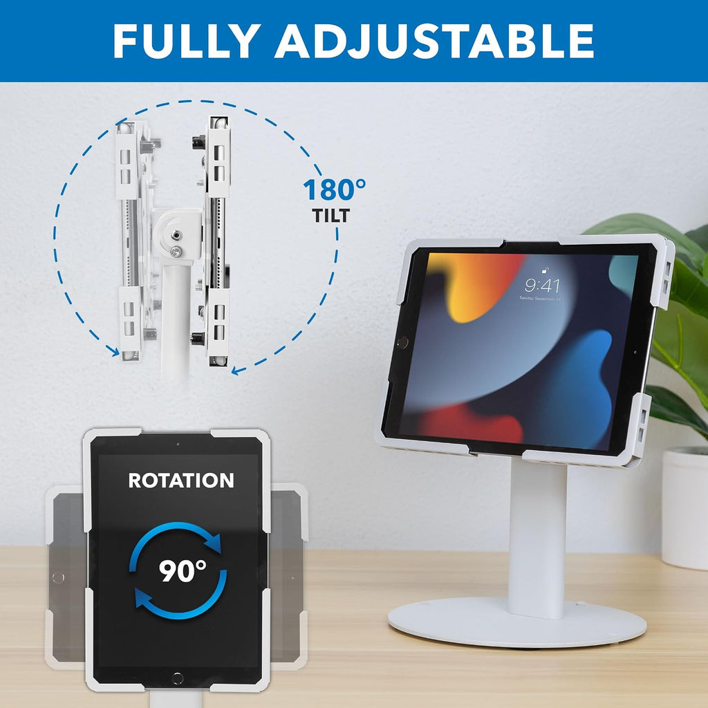 Universal Tablet Stand with Tilt, Anti-Theft Retail iPad POS Kiosk Stand, Fits 9.7"–13.1" Tablets, 90° Rotation &