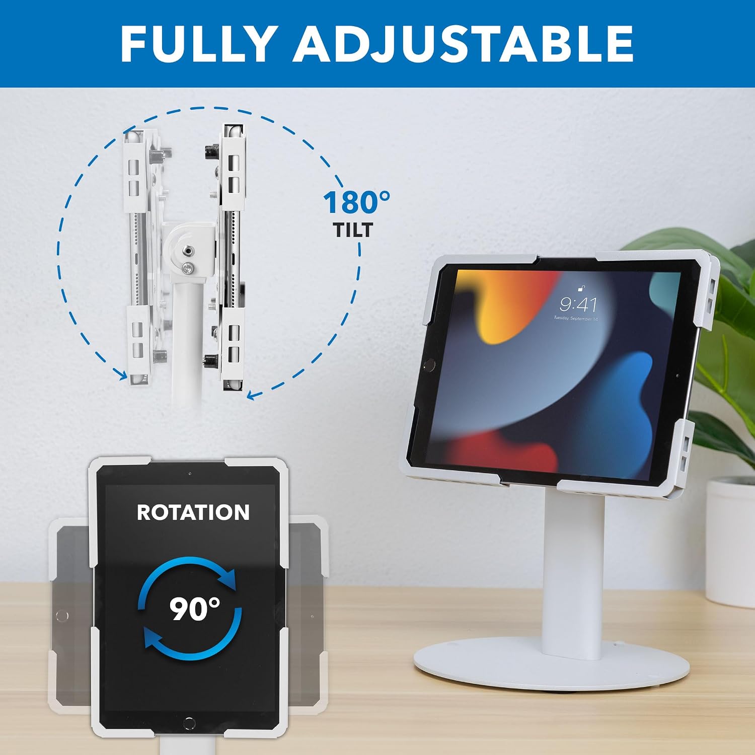 Universal Tablet Stand with Tilt, Anti-Theft Retail iPad POS Kiosk Stand, Fits 9.7"–13.1" Tablets, 90° Rotation &