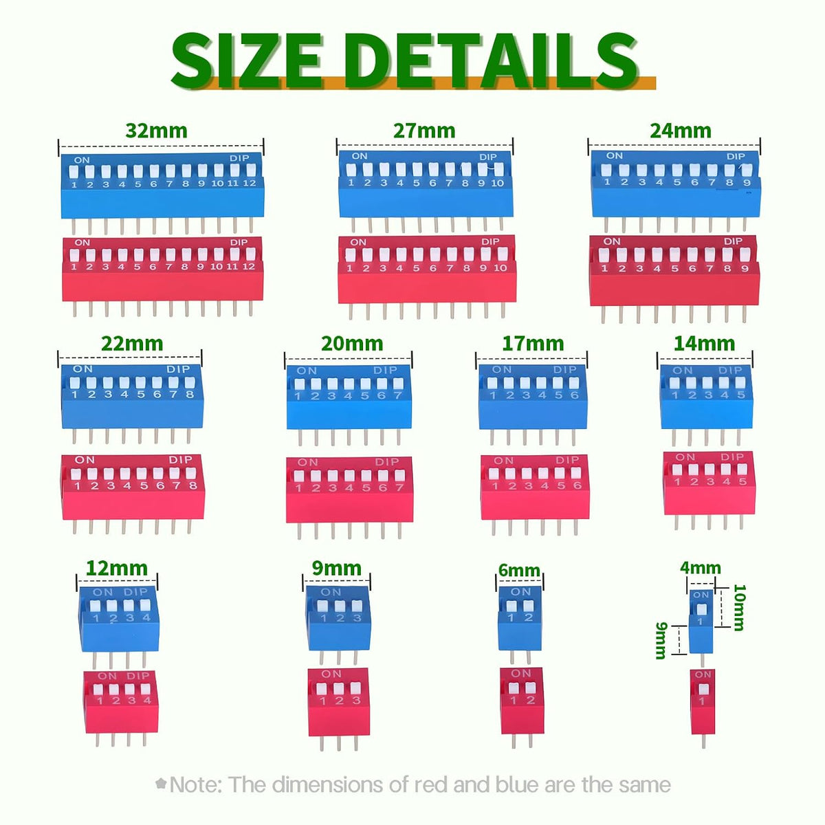 11Values Dip Switch Kit 1 2 3 4 5 6 7 8 9 10 12 Position 2.54MM Double Row PCB Mountable On Off Slide Type Toggle Switches for Circuit Breadboard (Pack of 40)
