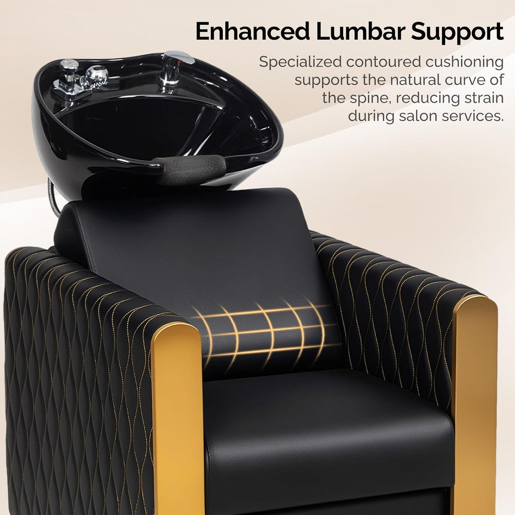 Shampoo Bowl and Chair Set for Salon, Tilting Ceramic Basin, PVC Leather, Gold Legs, Complete Plumbing Kit