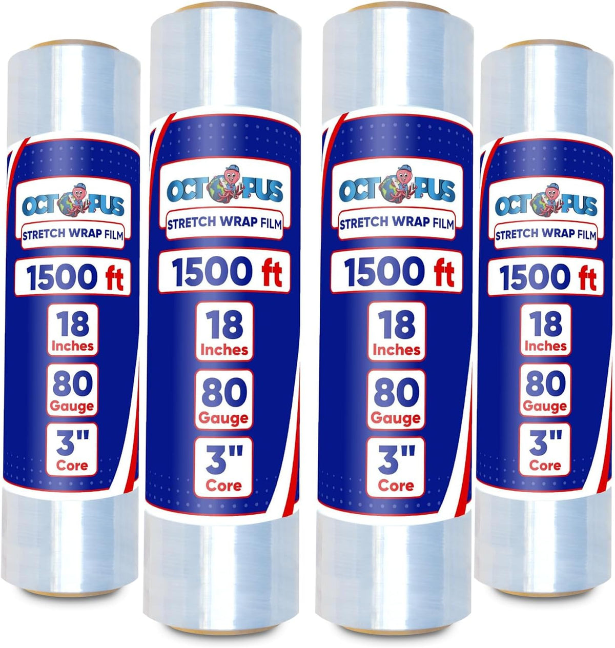Stretch Wrap, Industrial Strength 4 Roll Clear, 18” x 1500 feet, 80 Gauge (20 Micron), Heavy Duty Plastic Shrink Film
