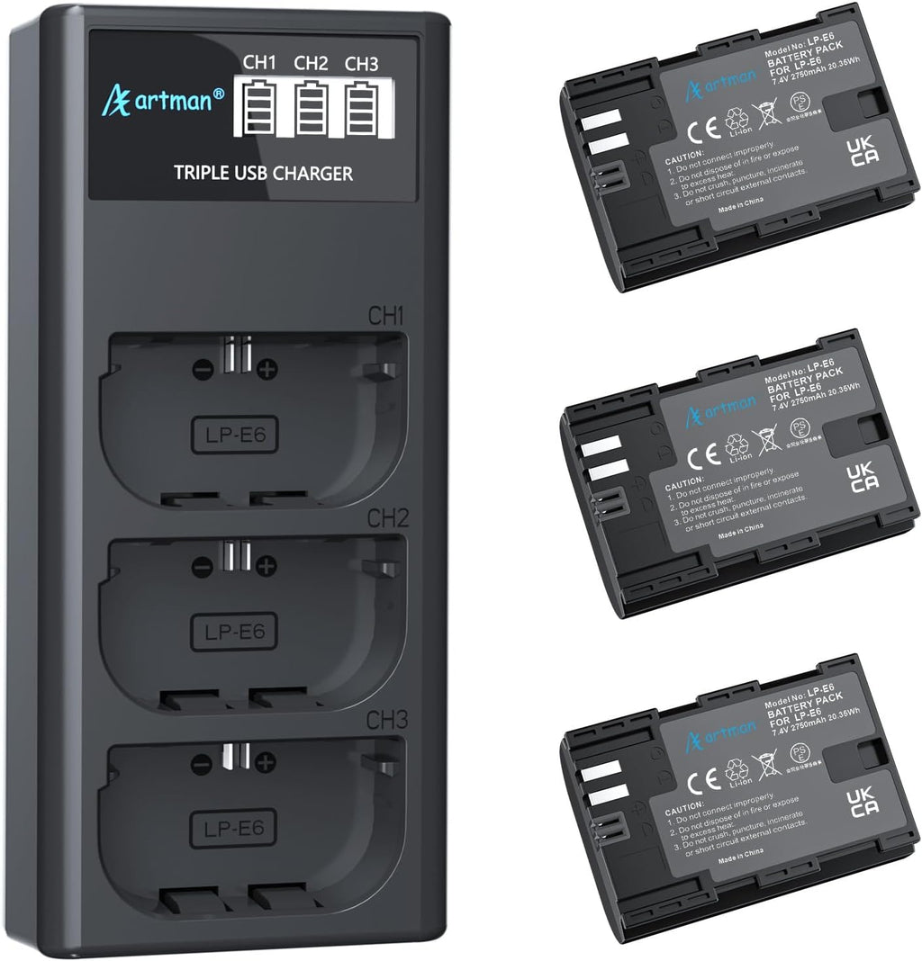 Artman LP-E6N LP-E6 Battery 3-Pack 2750mAh and 3-Slot LCD Charger for EOS R R5 R6 R7, R5 C, R6 Mark II,EOS 5D Mark II