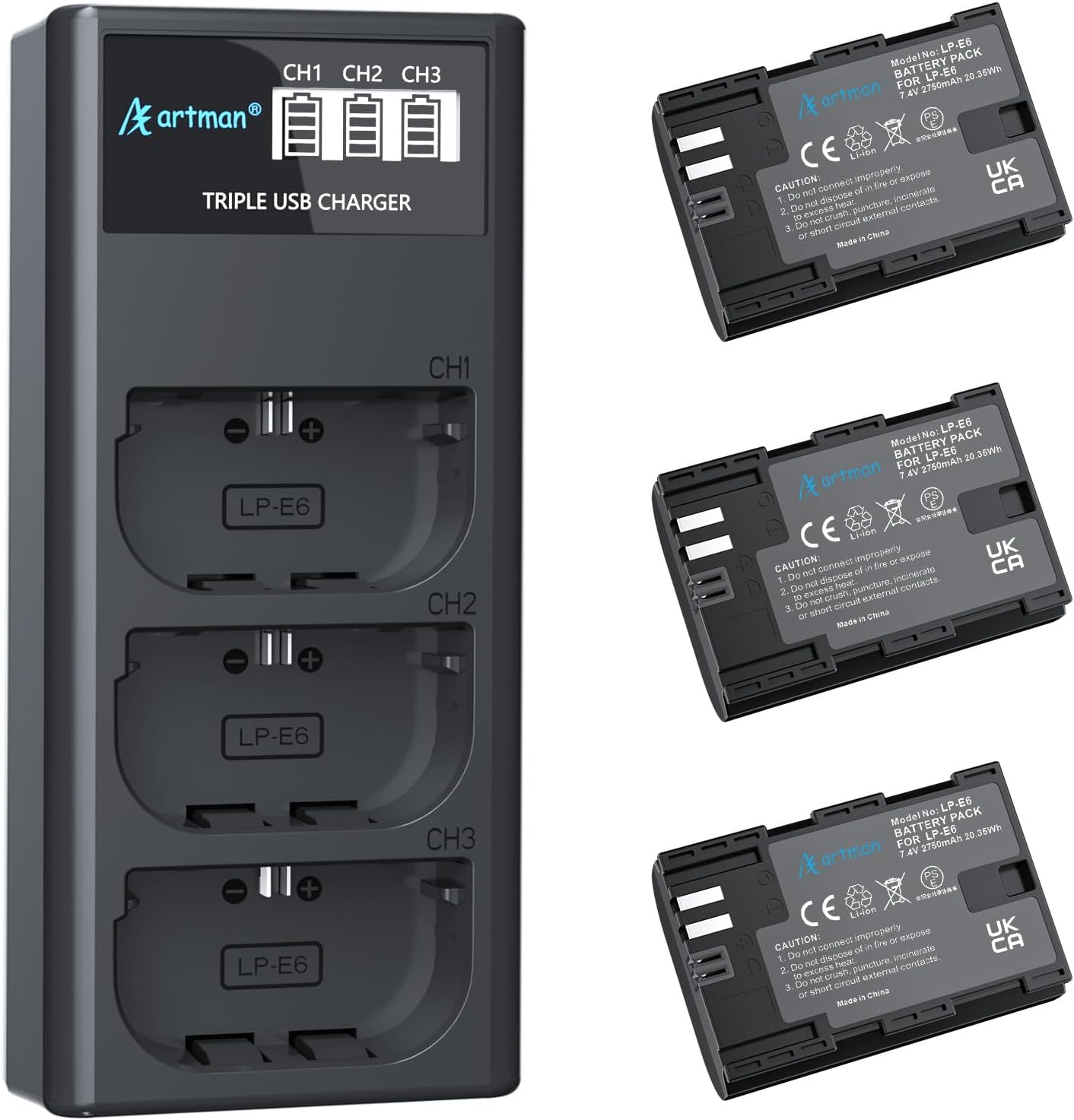 Artman LP-E6N LP-E6 Battery 3-Pack 2750mAh and 3-Slot LCD Charger for EOS R R5 R6 R7, R5 C, R6 Mark II,EOS 5D Mark II