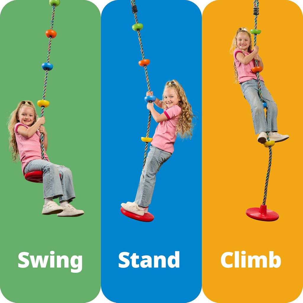 Tree Swing for Kids - Single Disc Seat and Rainbow Climbing Rope Set w/Carabiner and 4 Foot Strap - Treehouse and