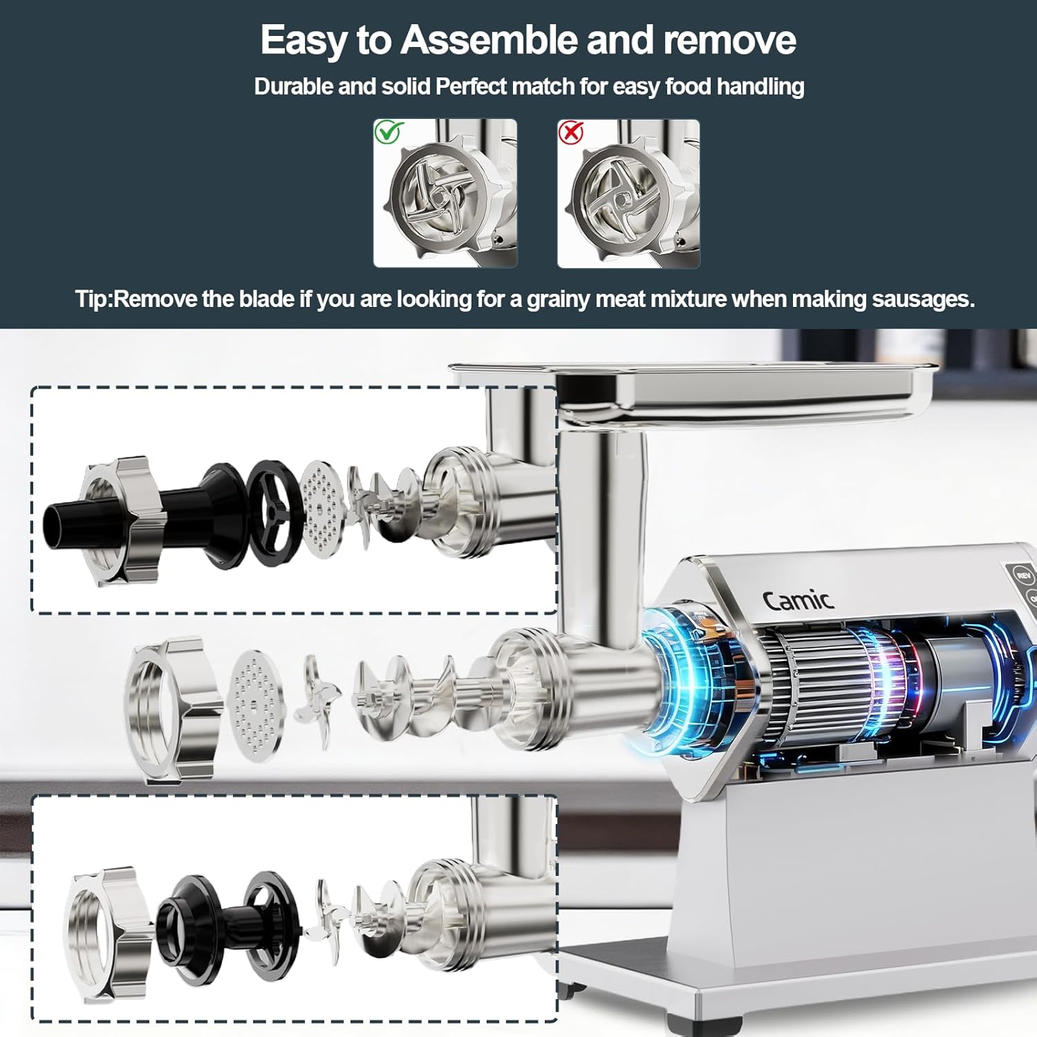 Electric Meat Grinder - 300W Sausage Stuffer for Home Kitchen Use Meat Mincer with Stainless Steel 3 Plates, 1 Blade