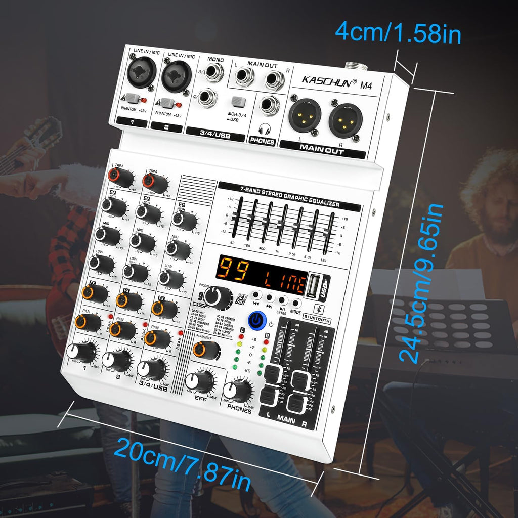 4-Channel Bluetooth Audio Mixer,Recording PC Mixer with XLR USB Interface | Mini Mixer Board with 99 DSP