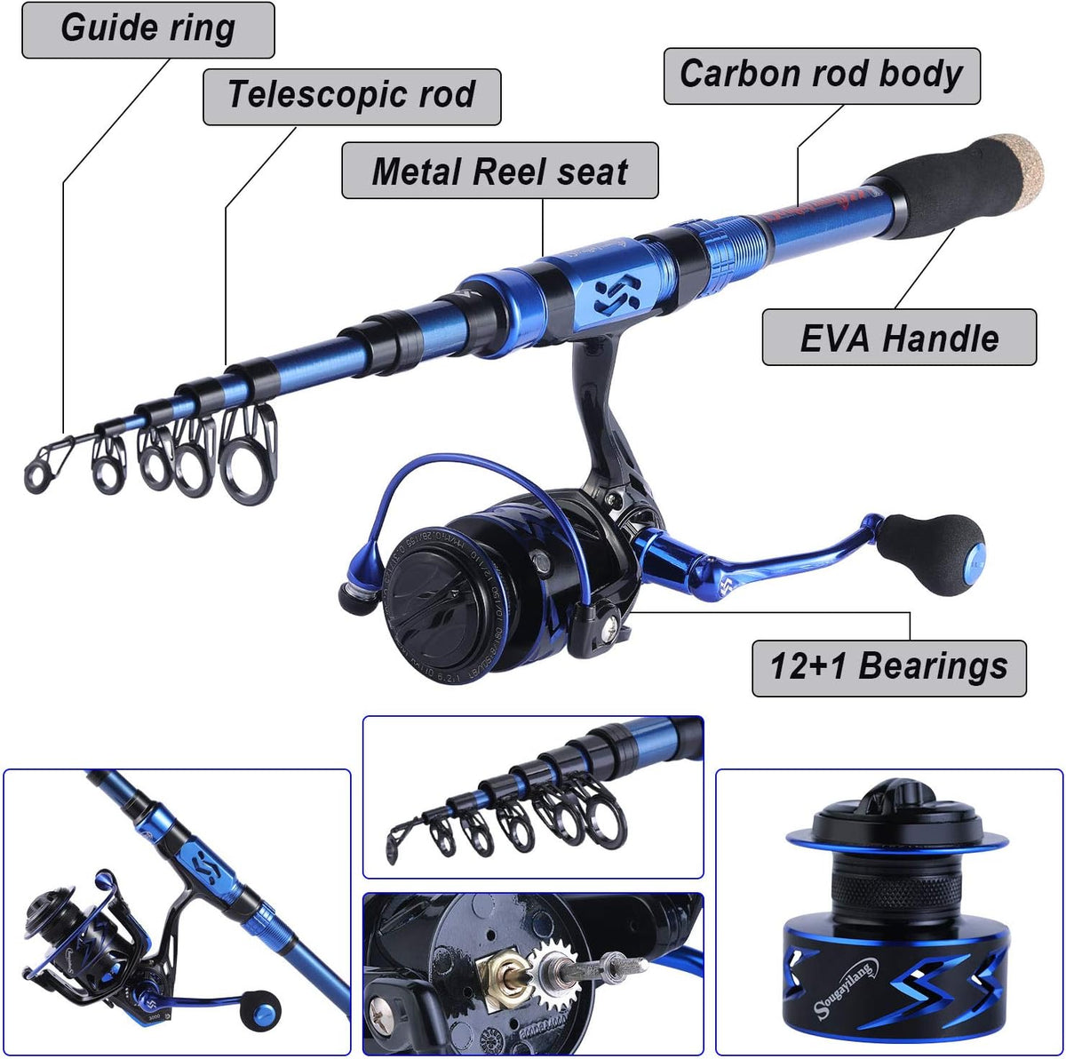 Fishing Rod and Reel Set Carbon Fiber Telescopic Fishing Rod 12+1BB Spinning Reel with Carry Case for Saltwater