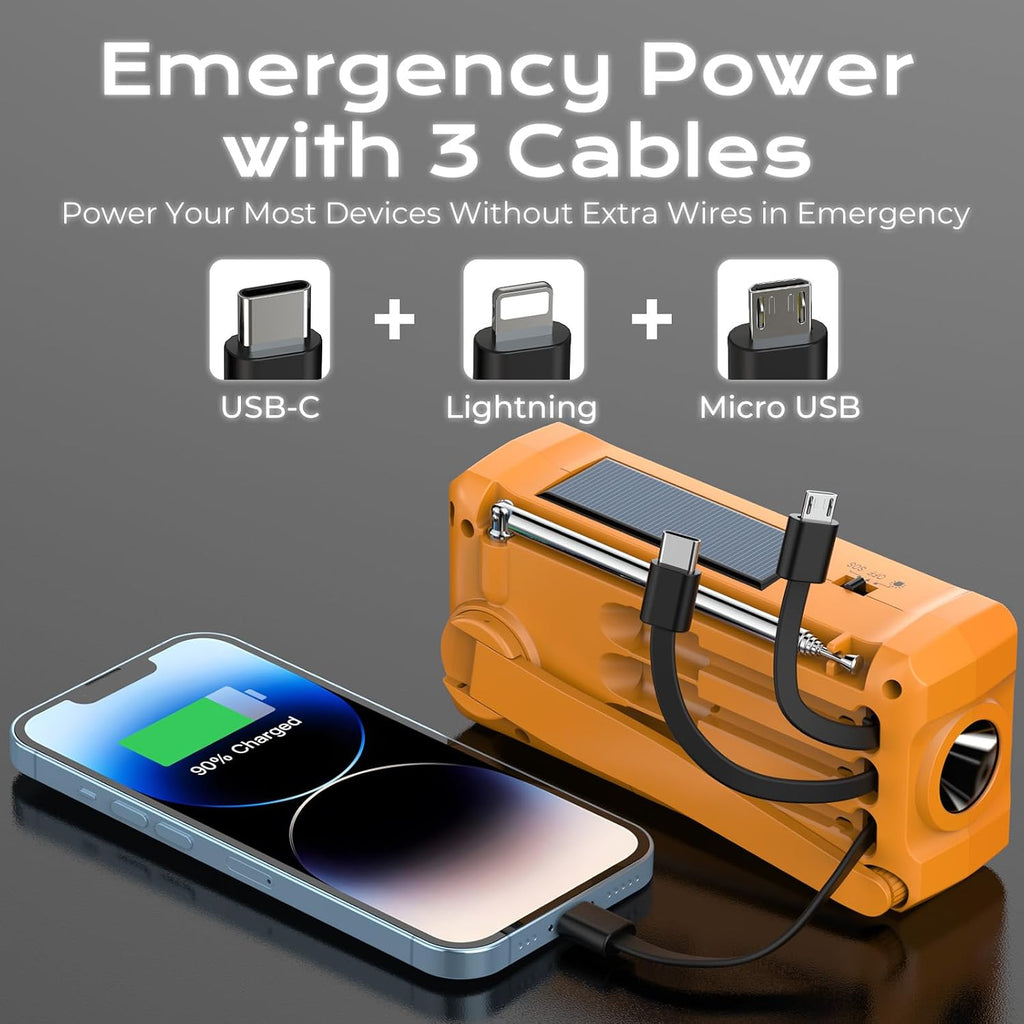J-366 Emergency Radio with 3 Charging Cables, NOAA Weather Alert | 7400mWh/Solar/Hand Crank/USB-C Charging, Battery