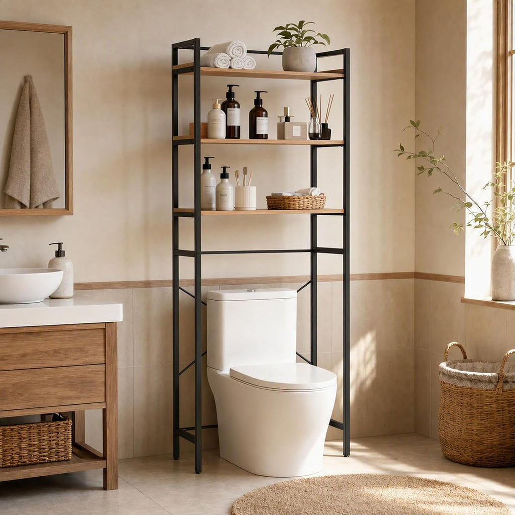 3 Tiers Over The Washer and Dryer Storage Shelf, Freestanding Bathroom Shelf Storage Rack with Adjustable Feet Wood