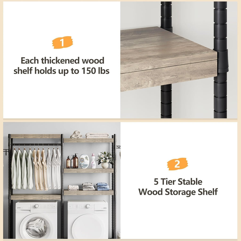 5-Tier Over-The-Washer Storage Shelf - Adjustable Height Laundry Organizer with Double-Layer Wood Shelves
