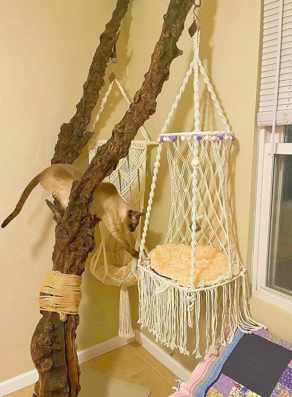 Cat Hammock Macrame Hanging Bed for Large Cats - 50lbs Heavy Duty Cat Swing Wall Mounted Boho Window Perch - Hardware