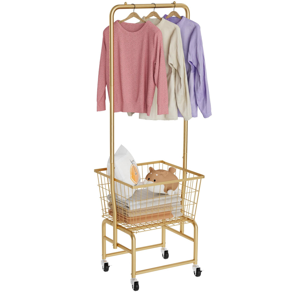 Rolling Laundry Cart with Wheels, Laundry Hamper Basket Organizer with Clothes Hanging Rack, Wire Storage Cloth Shelf