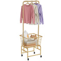 Rolling Laundry Cart with Wheels, Laundry Hamper Basket Organizer with Clothes Hanging Rack, Wire Storage Cloth Shelf