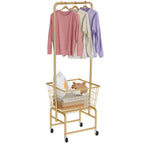 Rolling Laundry Cart with Wheels, Laundry Hamper Basket Organizer with Clothes Hanging Rack, Wire Storage Cloth Shelf
