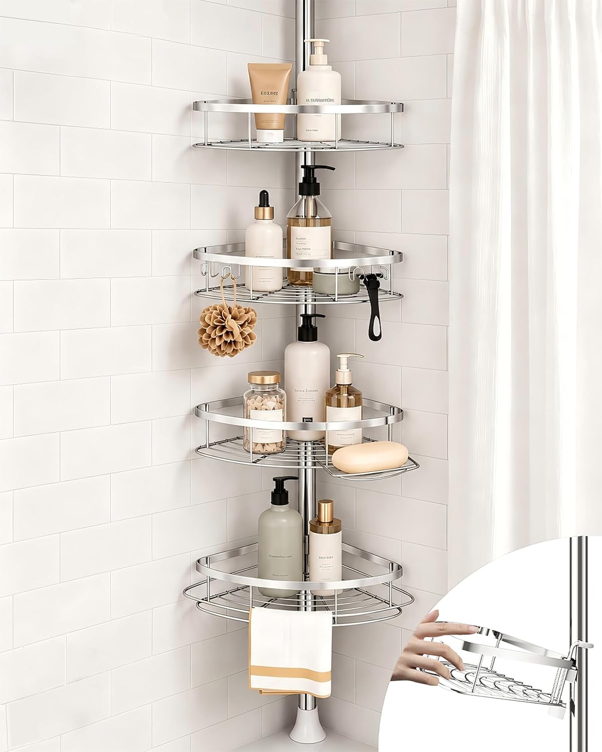 Rustproof Shower Corner Caddy Organizer for Bathroom, 4 Adjustable Shelves with Tension Pole