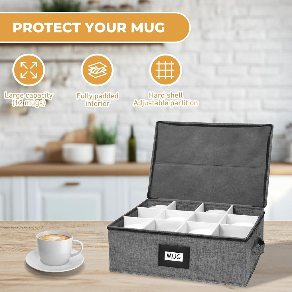 Mug Storage Box with 12 Compartments, Gray Hard Shell Container, Padded Dividers, Dual Handles, Zipper Lid for Coffee