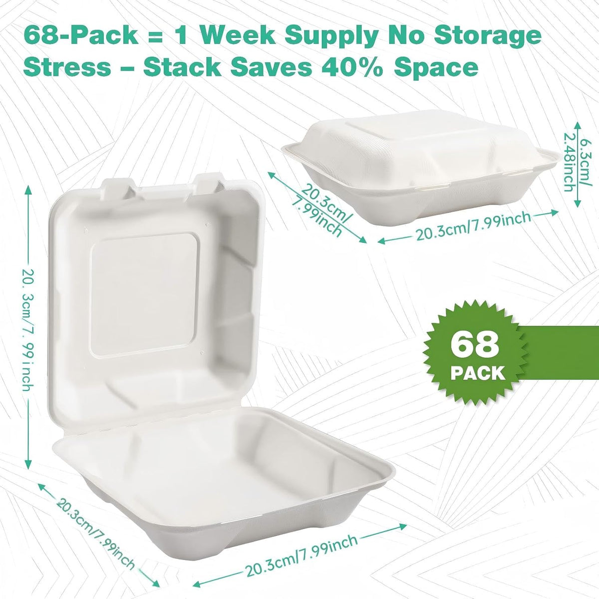 8x8 Inch 68 Pack Compostable Clamshell Take Out Food Containers, Disposable Paper To Go Boxes with Lids, Heavy Duty