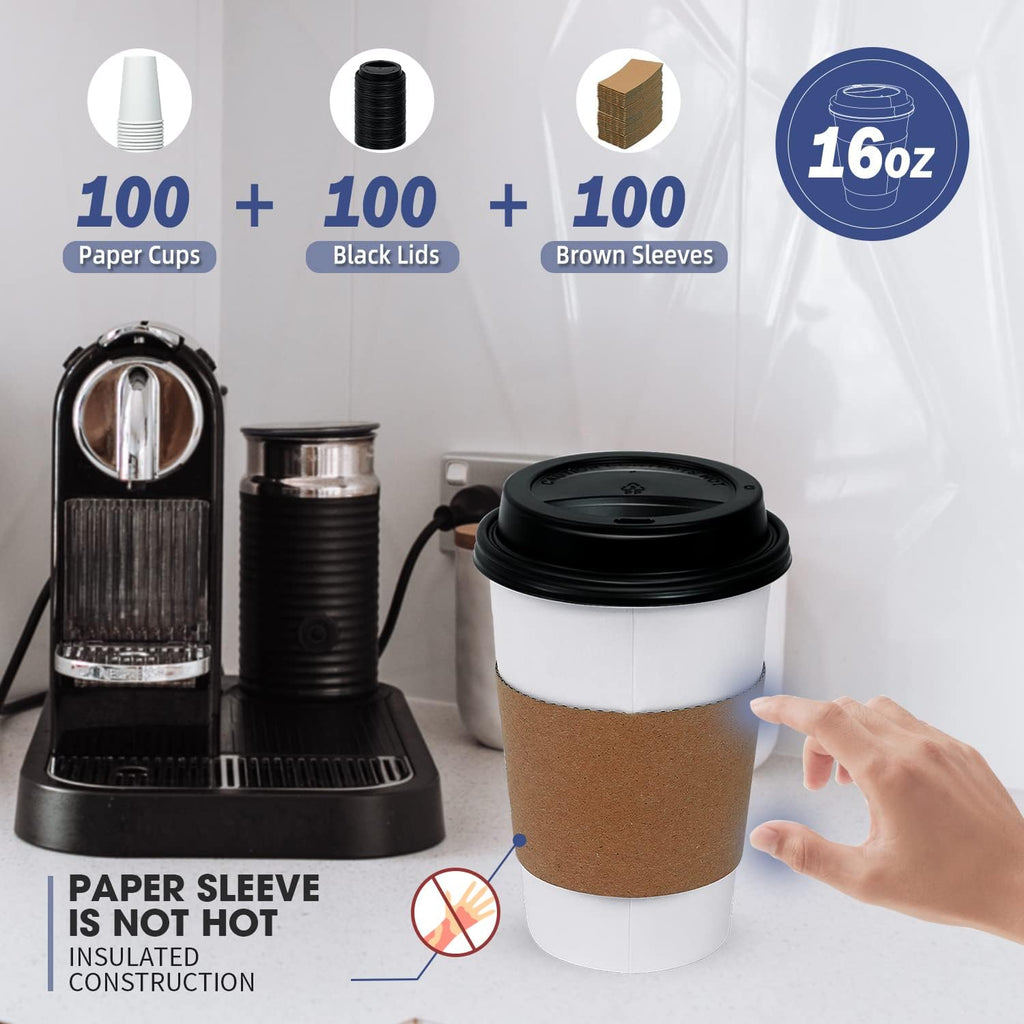 100 Pack 16 oz Disposable Coffee Cups with Lids and Sleeves