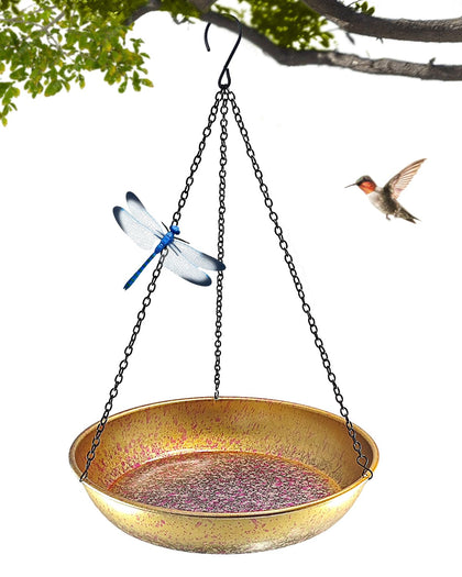 Hanging Bird Bath for Outside Metal Birdbath 11 Inch for Birds to Seed Bathe Drink Decor Bird Bath Gold to Iridescent