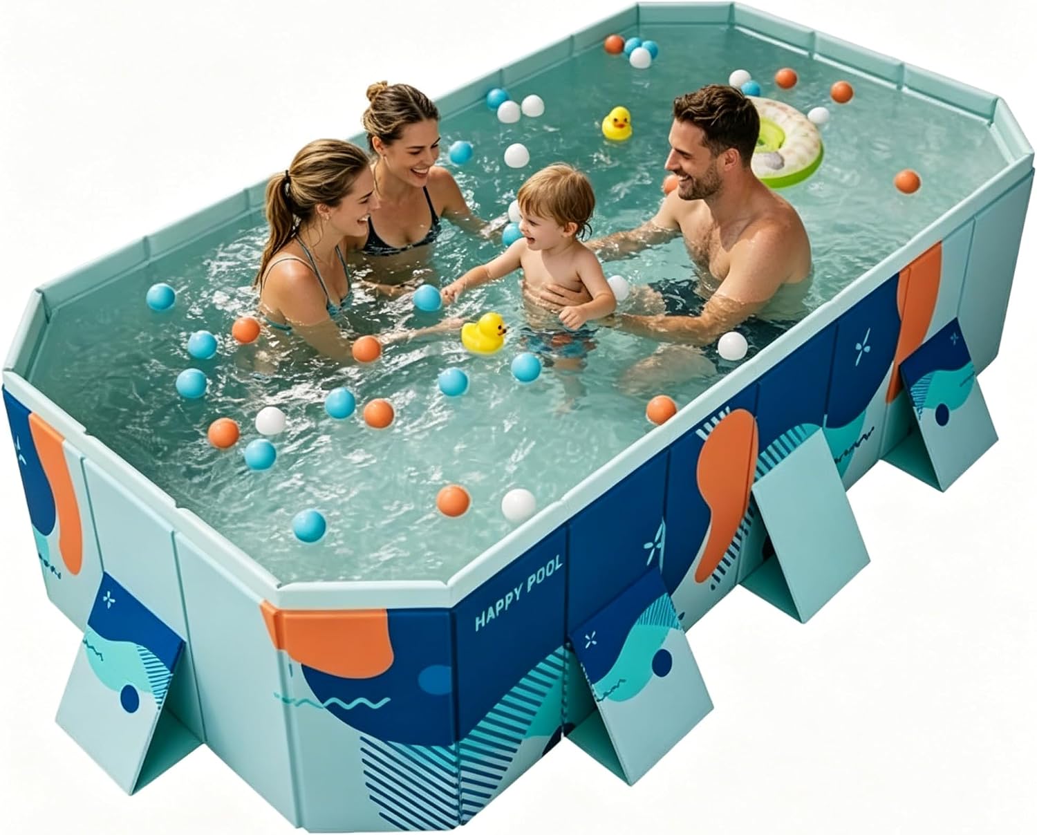 Foldable Swimming Pool, Rectangular Above Ground Swimming Pool for Outdoor Family Square Pool with Drain Plug and