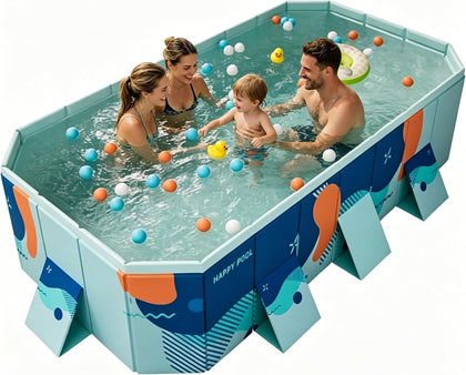 Foldable Swimming Pool, Rectangular Above Ground Swimming Pool for Outdoor Family Square Pool with Drain Plug and