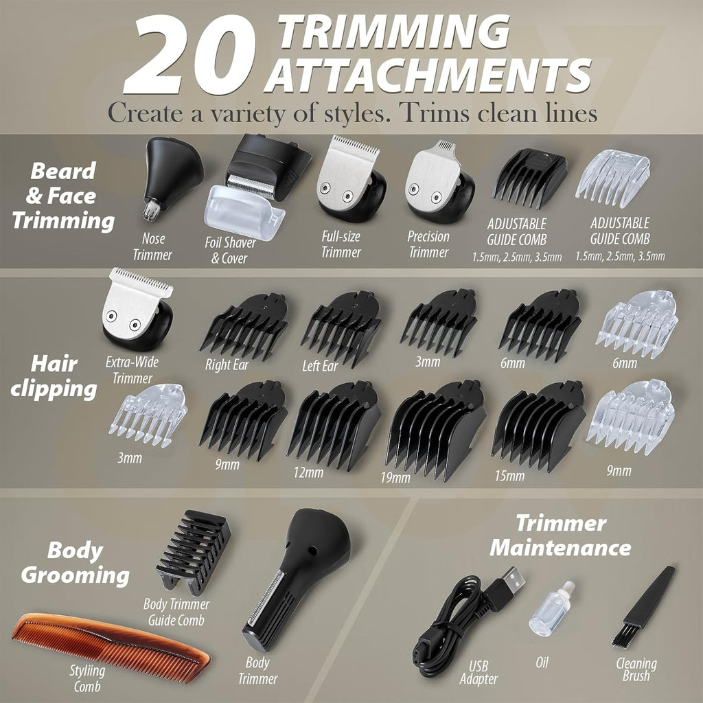 Beard Trimmer, 21 Piece All-in-One Mens Grooming Kit and Hair Clipper, Nose, Ear, Body and Face, Electric Razor with