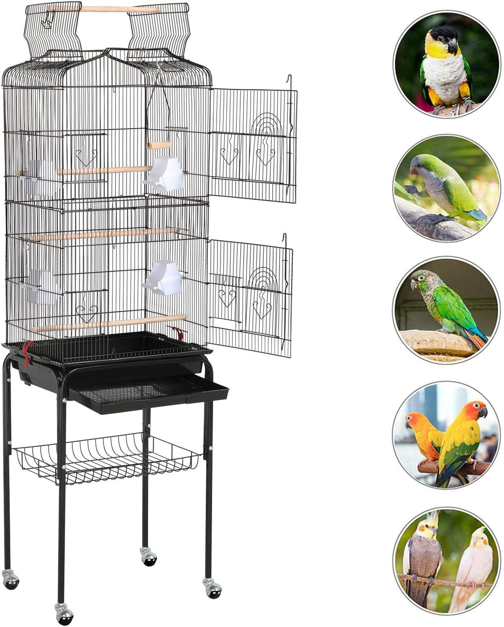 64'' Open Top Bird Cage for Parakeets & Cockatiels, Black | Detachable Rolling Stand with Shelf, Easy Clean Slide Out