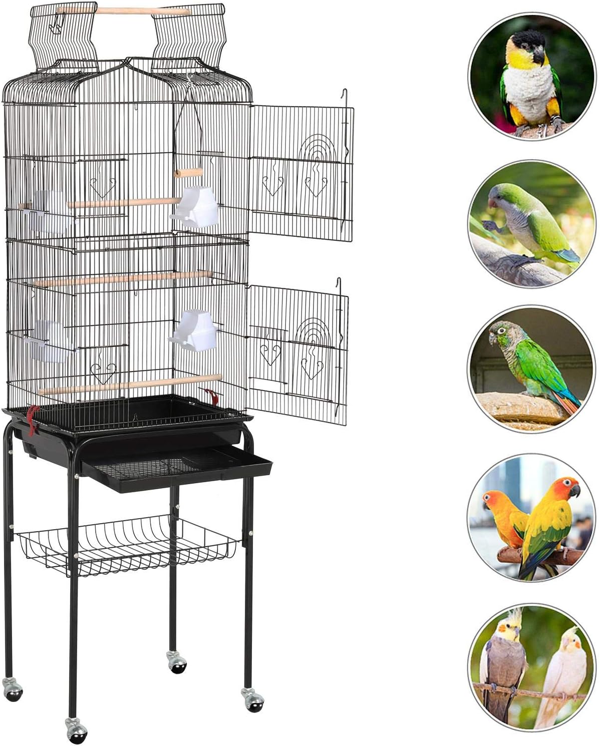 64'' Open Top Bird Cage for Parakeets & Cockatiels, Black | Detachable Rolling Stand with Shelf, Easy Clean Slide Out