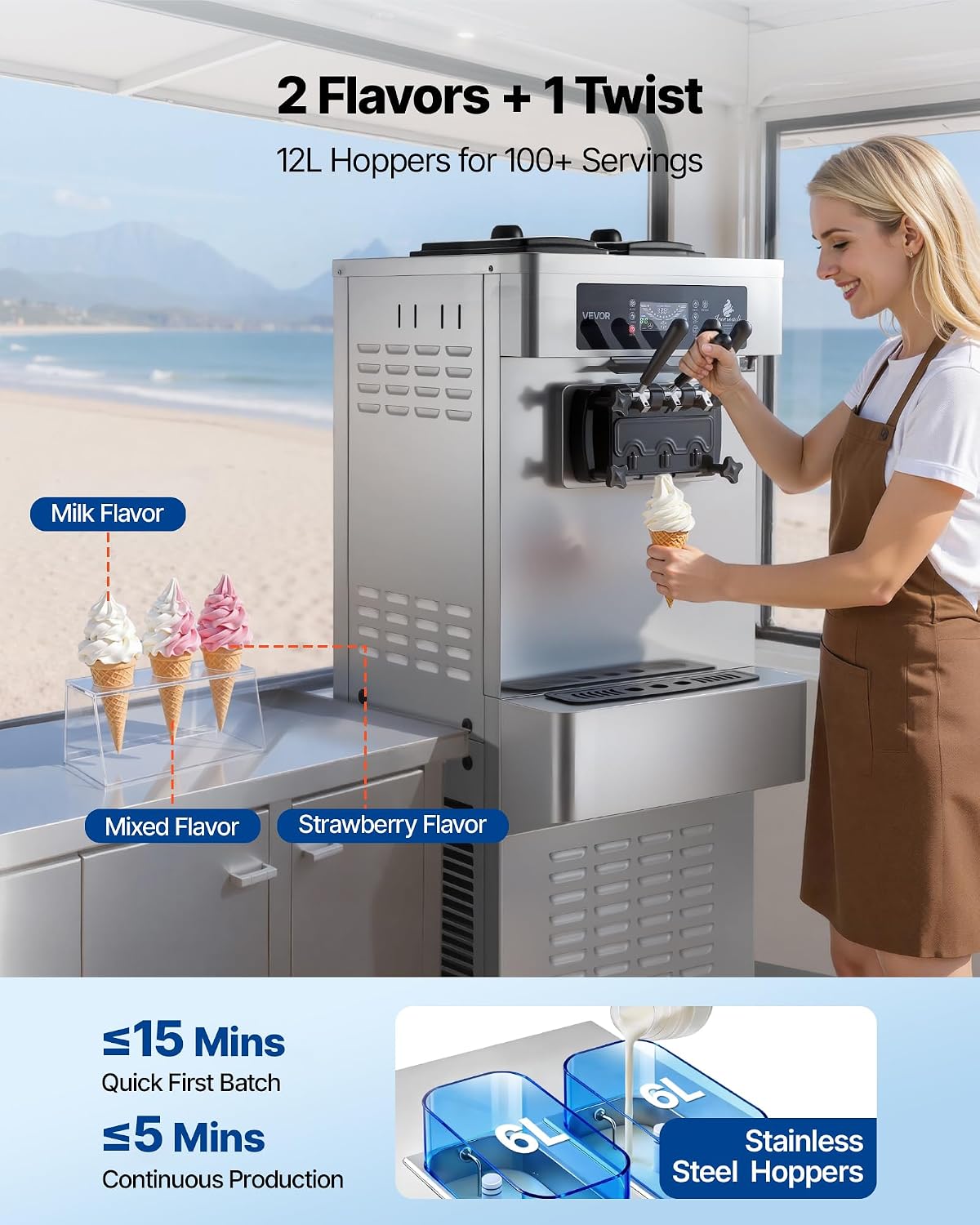 Commercial Ice Cream Machine 20-28L/H 2200W 3-Flavor Freestanding