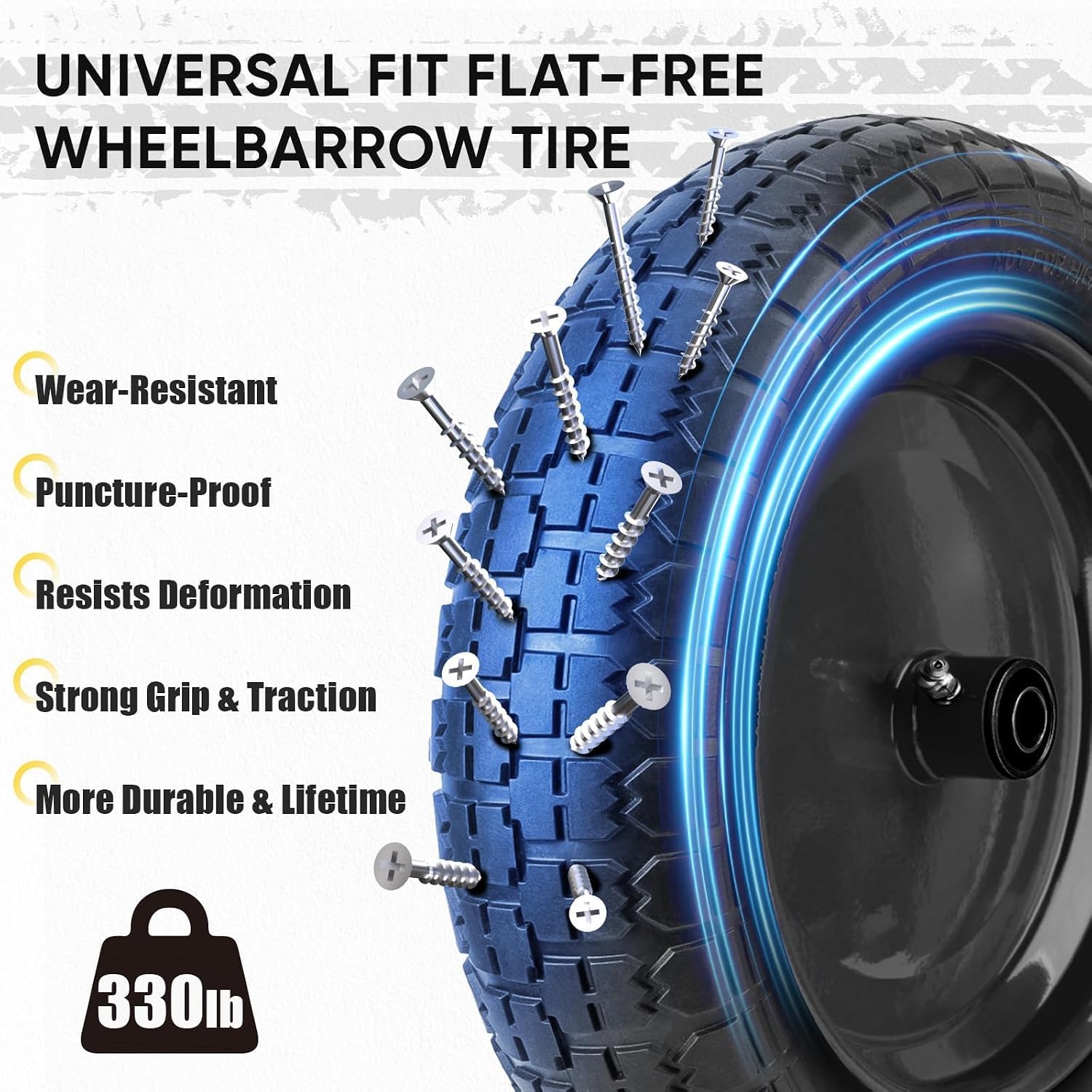 4.80/4.00-8 Tire, 14.5" Flat Free Wheelbarrow Tire and Wheel, Solid Replacement Tires with 3" Centered Hub, 5/8" 3/4"