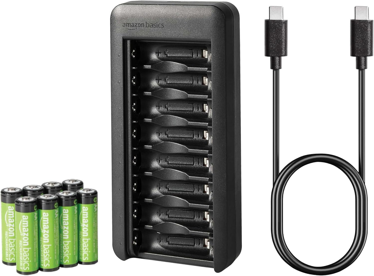 Rechargeable AA Low Self Discharge NiMh Batteries with 8-Bay Battery Charger, USB-C Port, No AC Power Adapter, 8