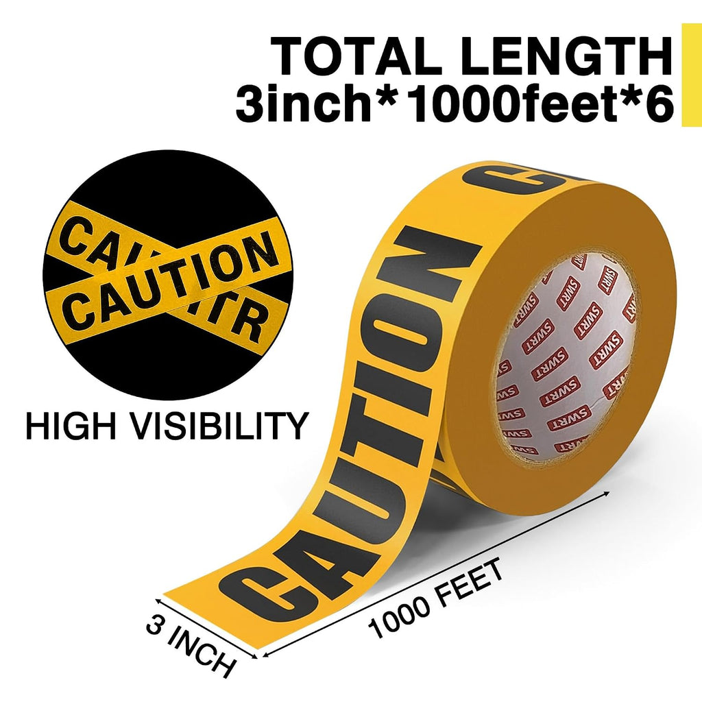 6 Rolls Premium Yellow Caution Tape, 3 Inch x 1000FT(Total 6000FT) Bright Hazard Tape with Bold Black Text for