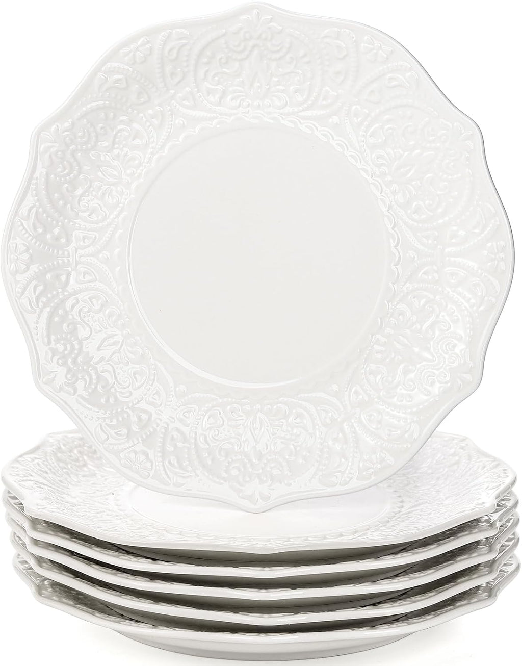 Set of 6 Salad Plate, 8 Inch Porcelain Dessert Serving Plates, Embossed Printing Small Dinner Dish for Pancakes