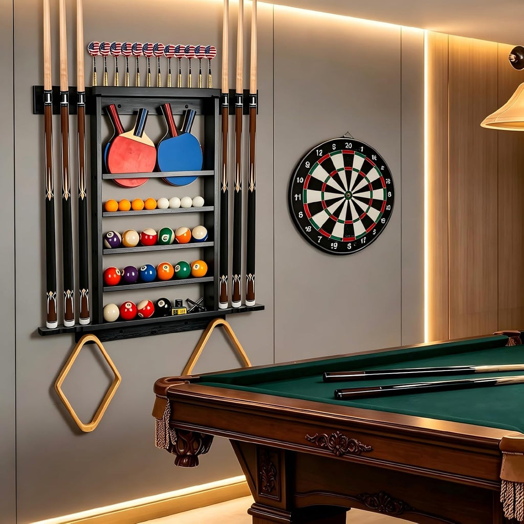 Pool Stick Holder Wall Mount, Pool Cue Rack, Ping Pong Paddle Holder, Dart Holder 3-IN-1,100% Solid Wood Billiard Cue