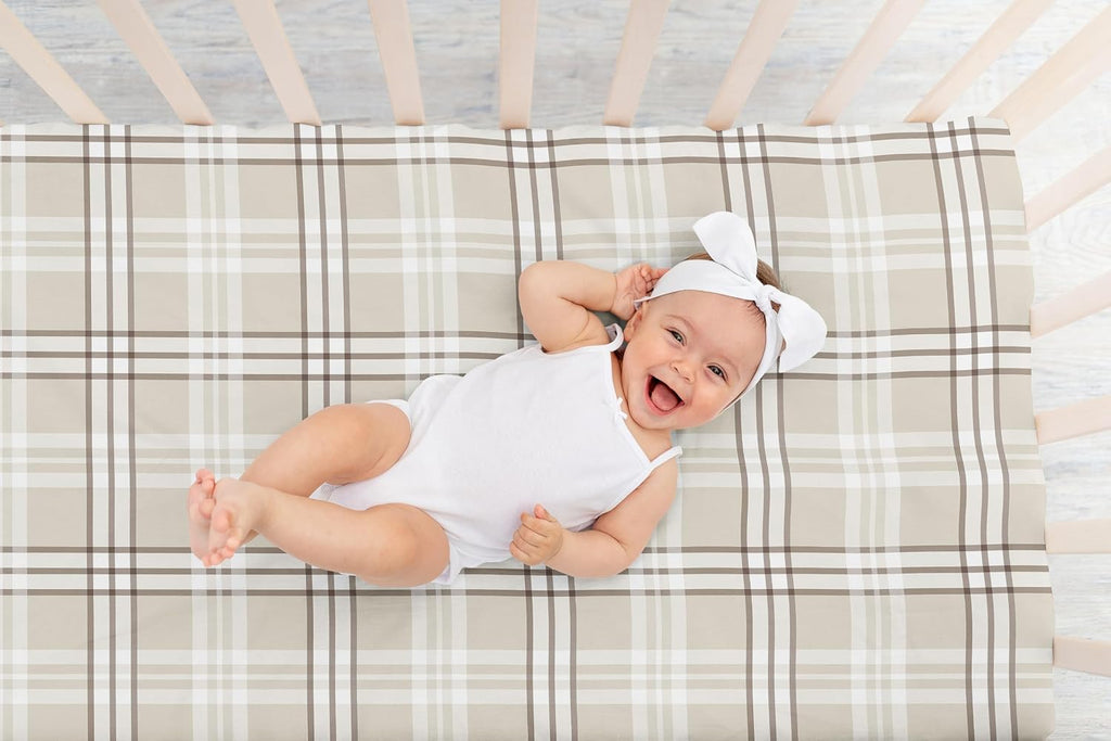 Fitted Baby Crib Sheets (Tan Gingham Plaid) for Boys or Girls, Infant Nursery, Toddler Room - Standard Size (Taupe