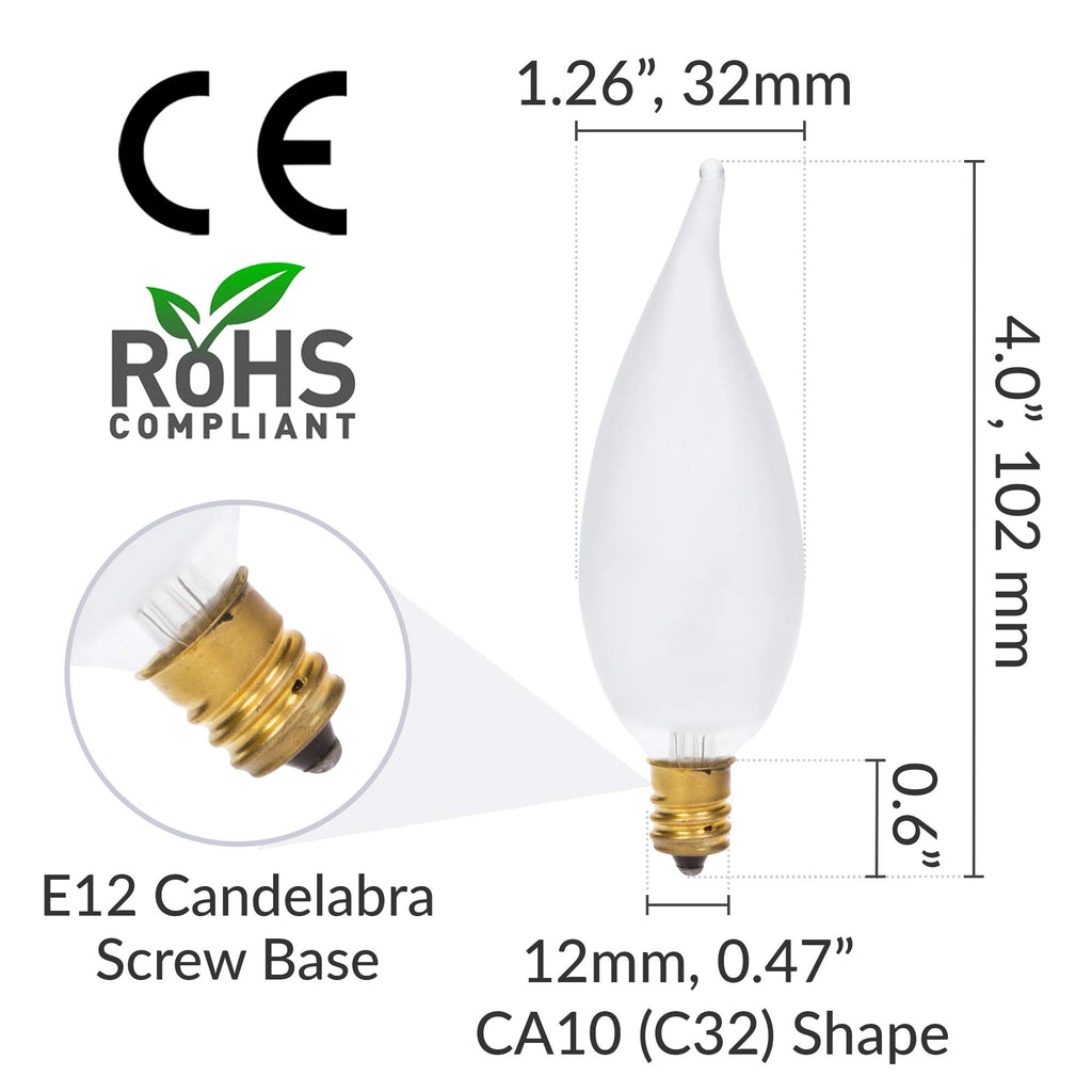 Candelabra Flame Tip Frosted CA10 40W E12 Base 120V, 12 Pack