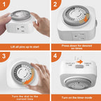 24 Hour Indoor Mechanical Timer with 2 Ground 3 Plug Socket,White,4 Pack.
