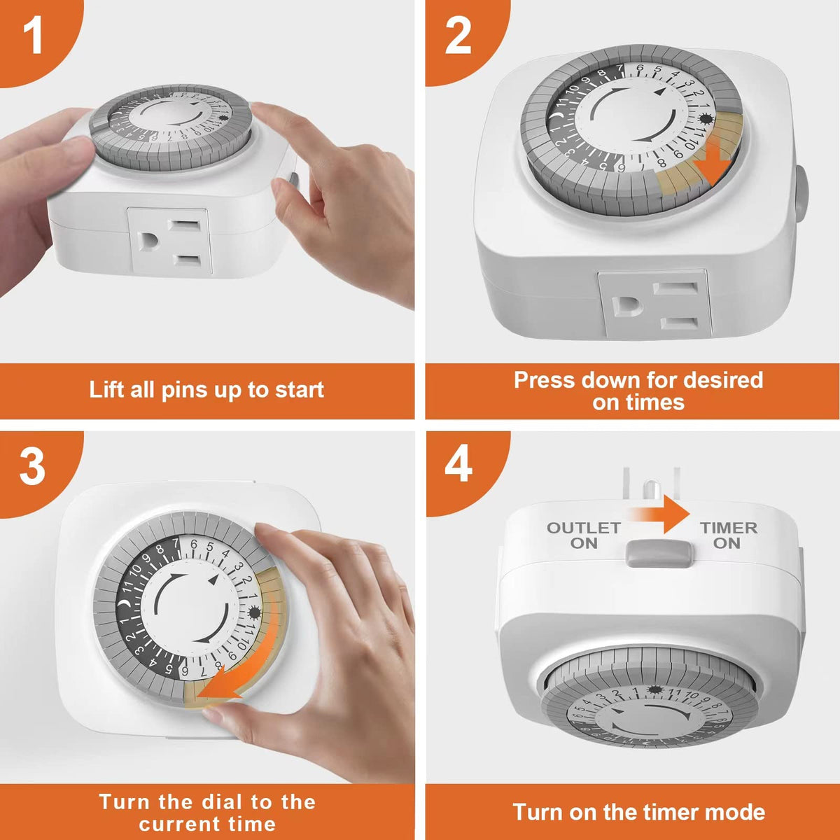 24 Hour Indoor Mechanical Timer with 2 Ground 3 Plug Socket,White,4 Pack.
