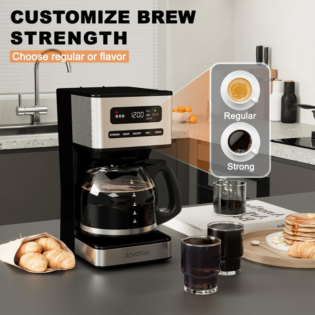 12 Cup Programmable Coffee Maker, Hot and Iced Drip Coffee Makers | Regular & Strong Brew Drip Coffee Machine, 1-4