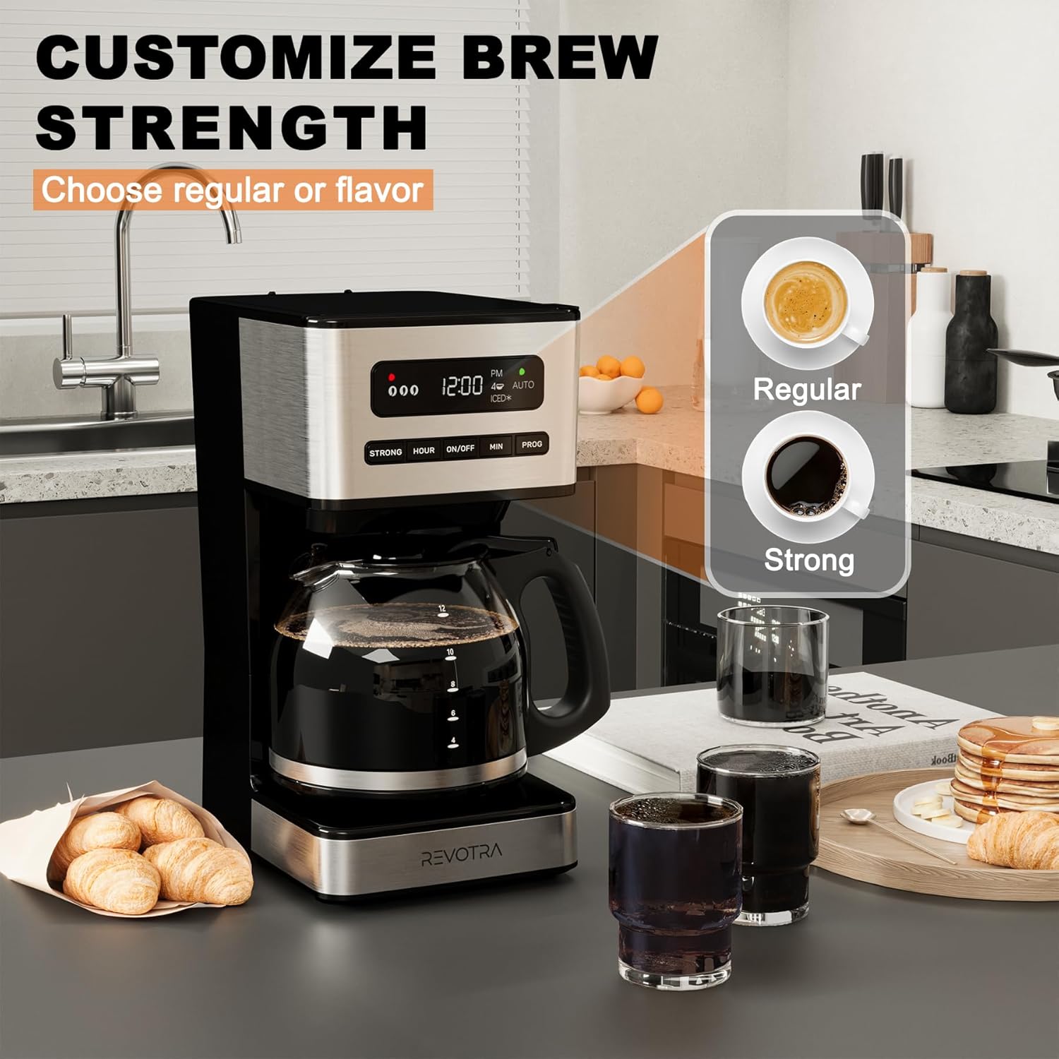 12 Cup Programmable Coffee Maker, Hot and Iced Drip Coffee Makers | Regular & Strong Brew Drip Coffee Machine, 1-4