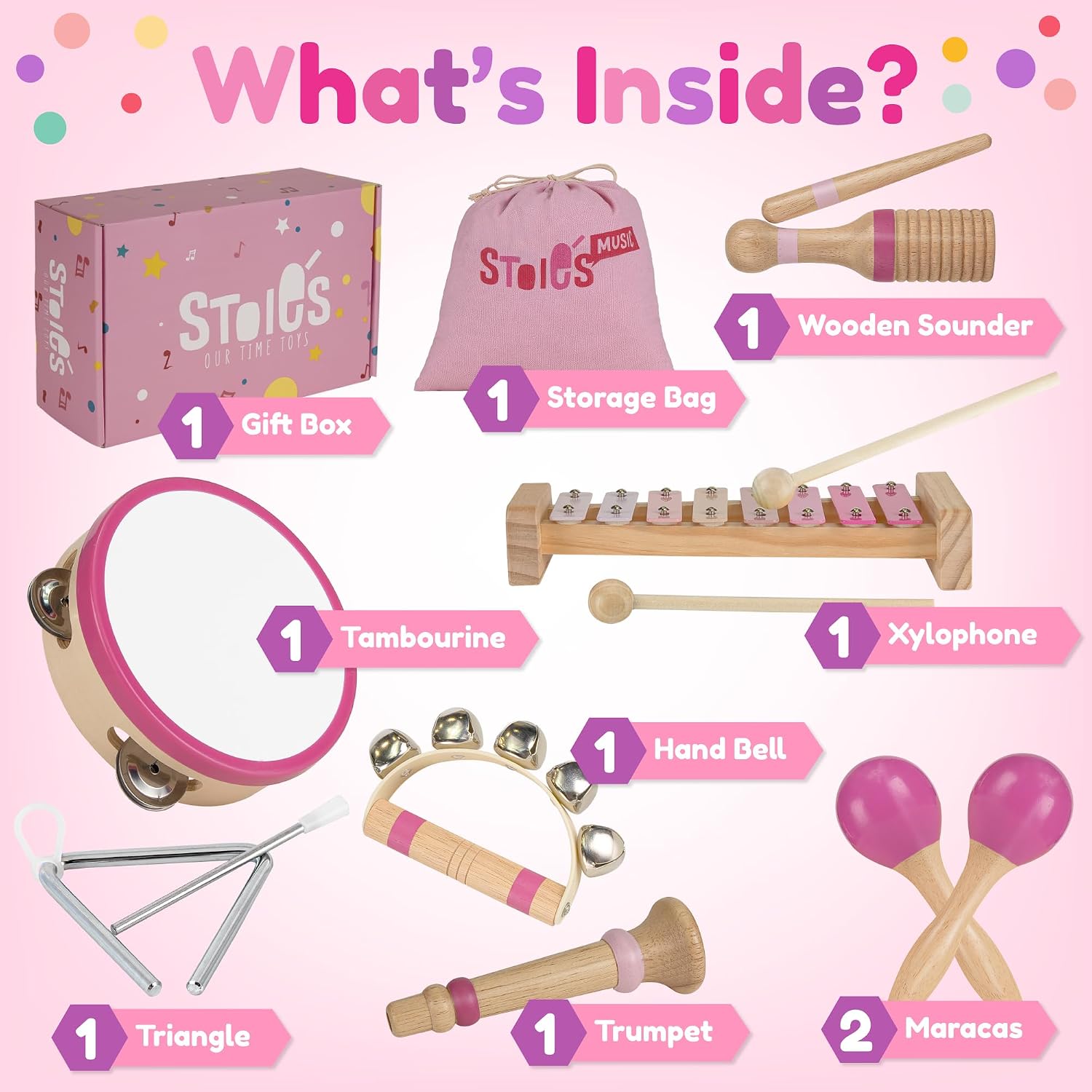 Stoie’s Pink Wooden Musical Instruments for Toddlers Ages 3+, Montessori Music Toy Set with Xylophone, Tambourine