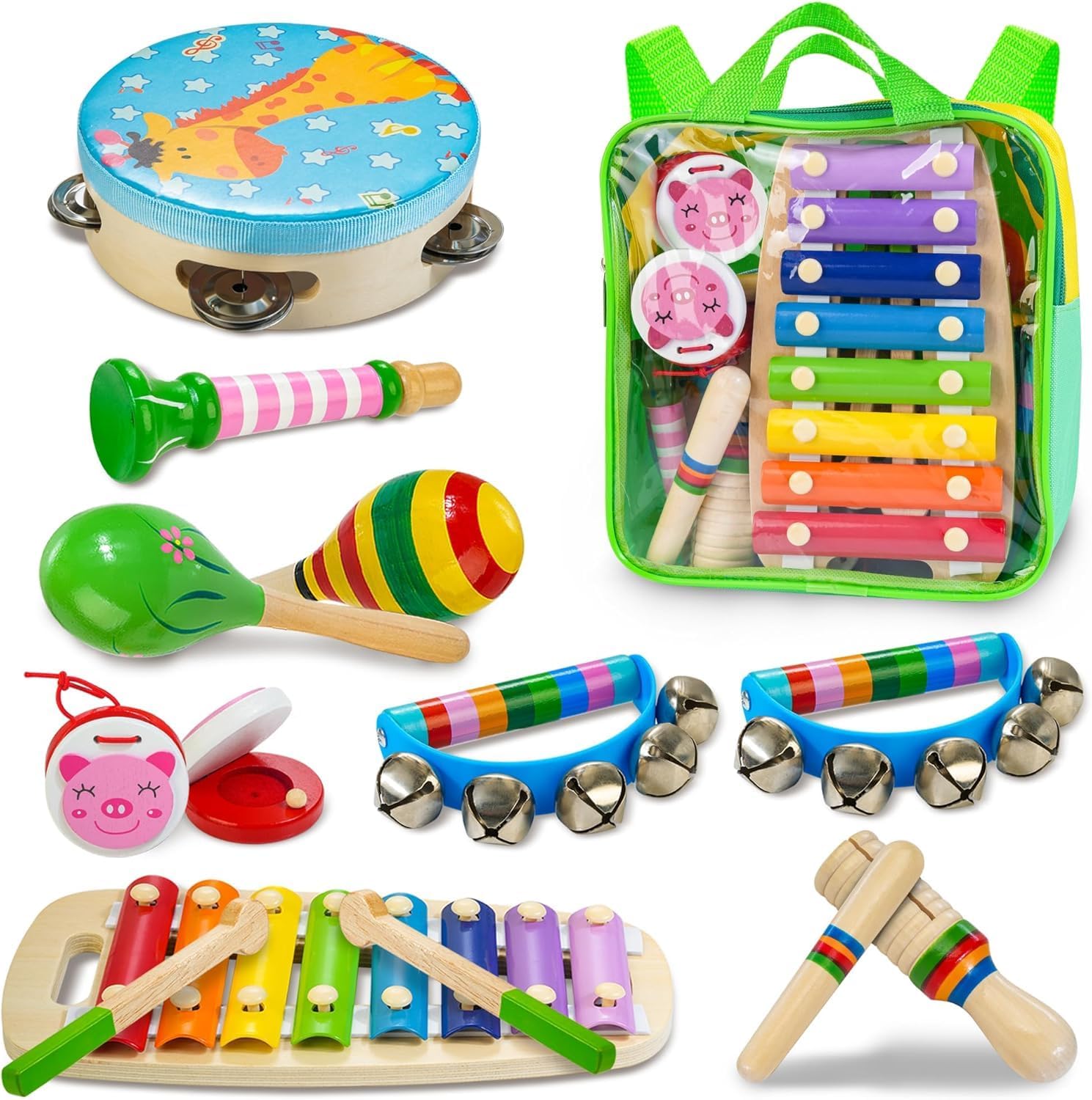 Kids Musical Instruments, Montessori Wooden Musical Toys for Toddlers | 12 PCS Educational Baby Musical Toys