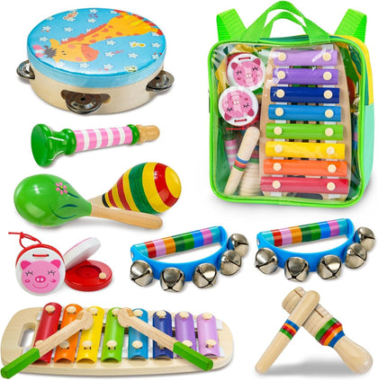 Kids Musical Instruments, Montessori Wooden Musical Toys for Toddlers | 12 PCS Educational Baby Musical Toys